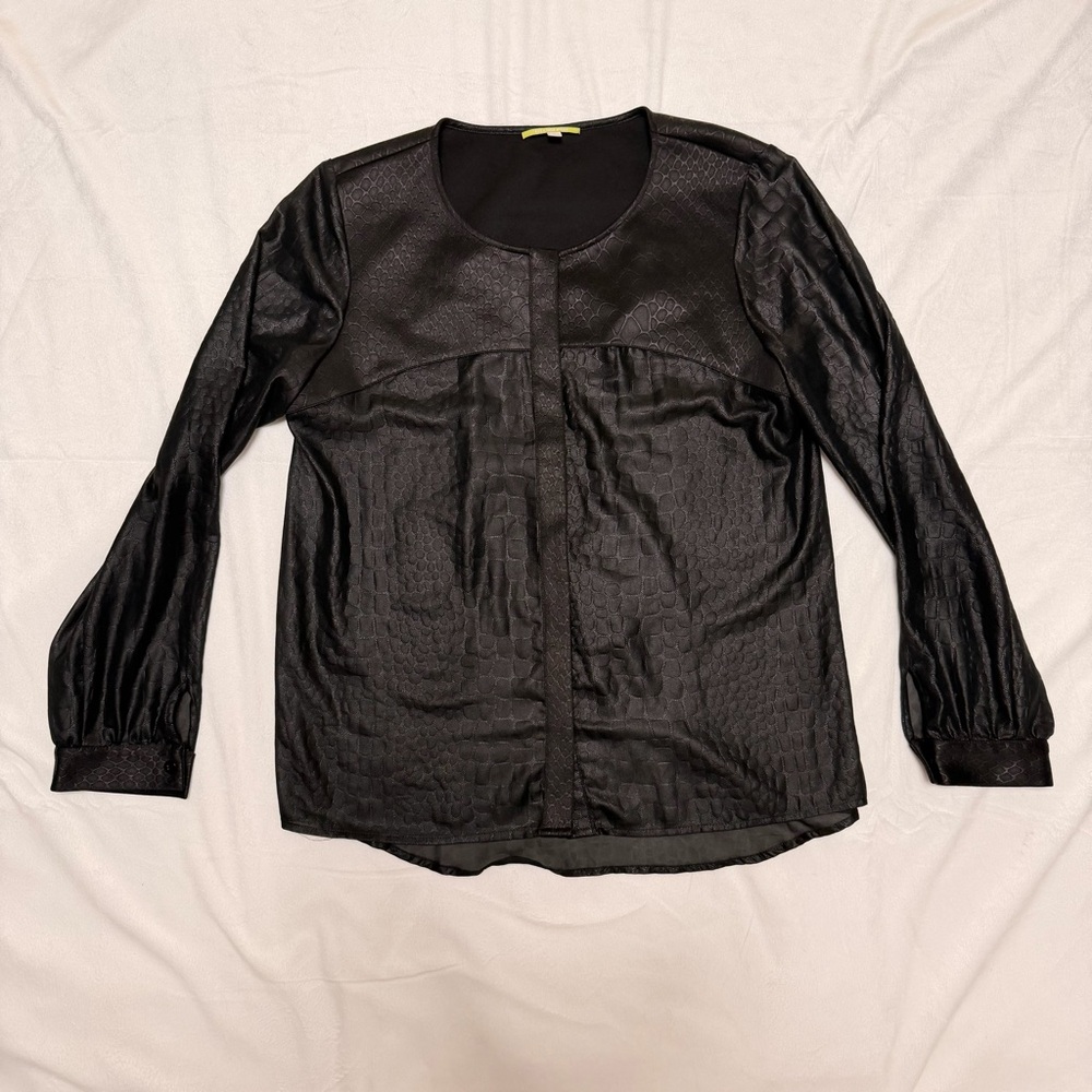 Gianni Bini Black Snakeskin Sheer Blouse Balloon Sleeve Y2K Glam Chic whimsigoth
